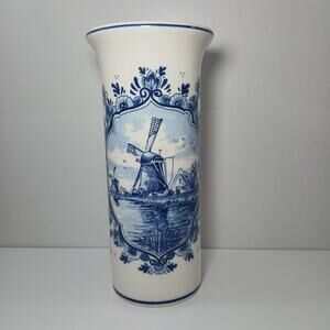 Delft Blue Floral Windmill Ceramic Vase 047120 Made in Holland 8"